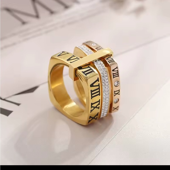 Jewelry - Gold Architectural Ring with Roman Numerals and Gemstones Stainless Steele